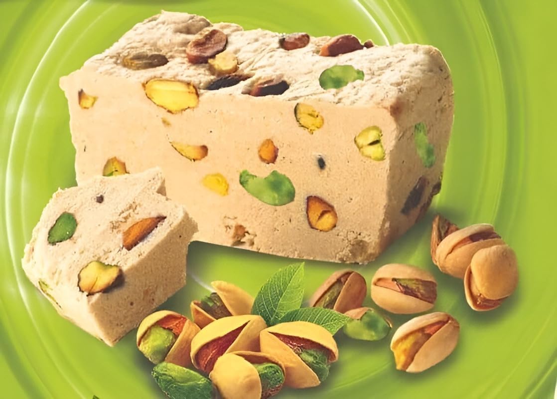 Abu Auf Premium Tahini Halva With Pistachios - Made with 100% Natural Ingredients, Smooth Texture and Rich Pistachio Taste, Perfect for Daily Sweetening or Serving on Special Occasions 250 Gm