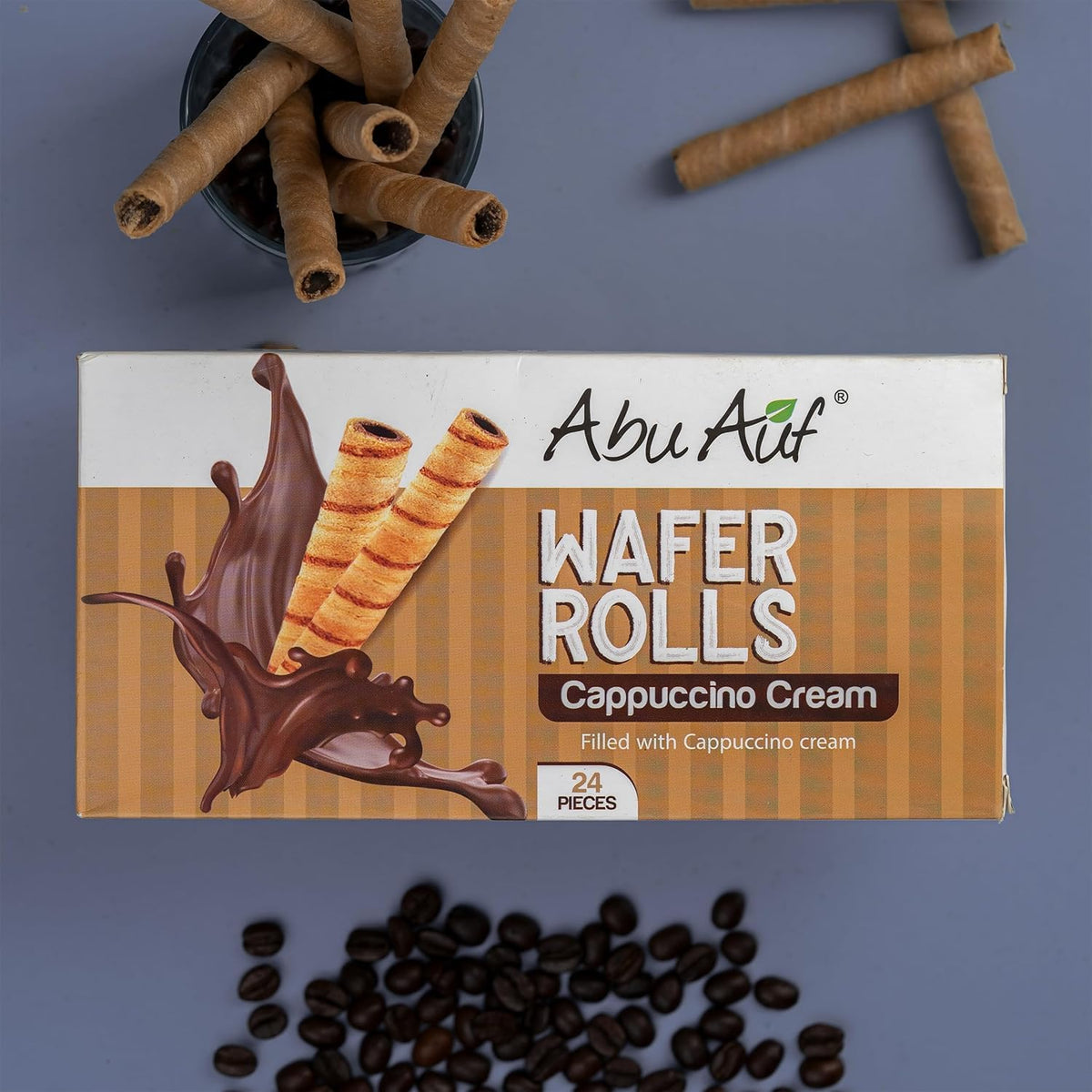 Abu Auf Wafer Rolls Cappuccino, 24 Pieces, Individually Wrapped, Crispy Wafer with Rich Cappuccino Cream Filling