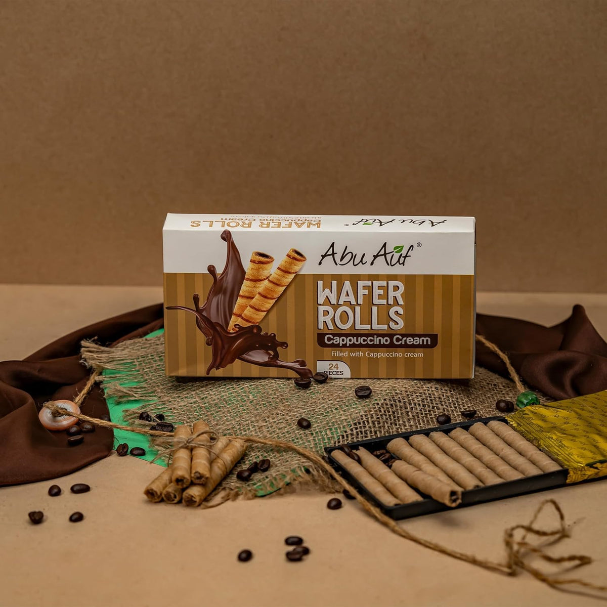 Abu Auf Wafer Rolls Cappuccino, 24 Pieces, Individually Wrapped, Crispy Wafer with Rich Cappuccino Cream Filling