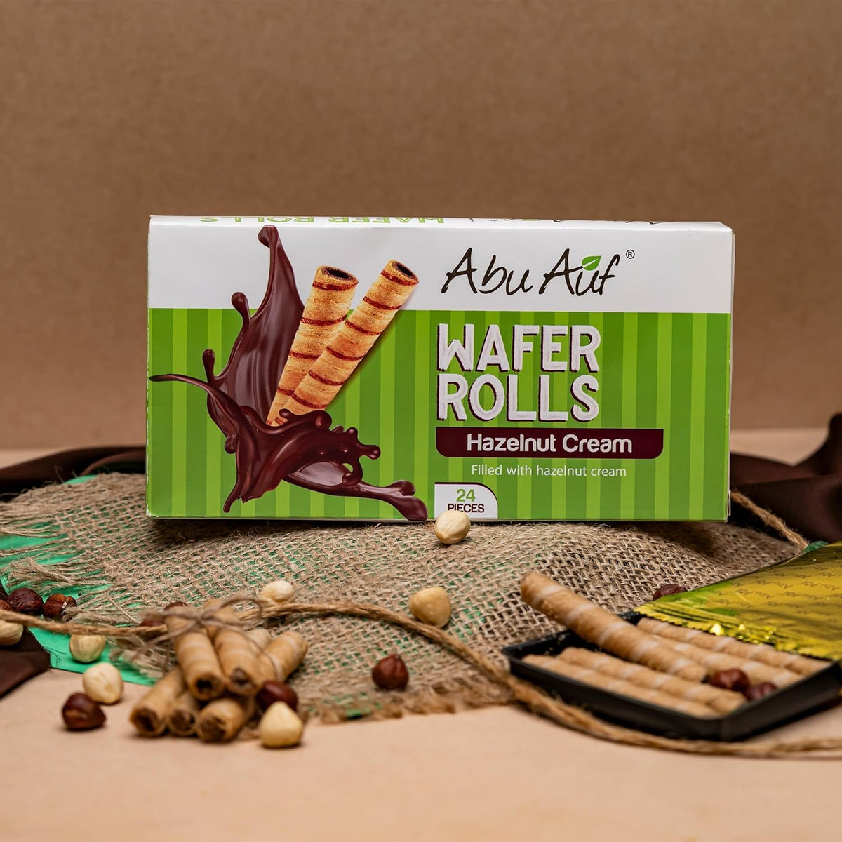 Abu Auf Wafer Rolls Hazelnut, Crispy Wafer Layers with Rich Hazelnut Blend, 24 Pieces