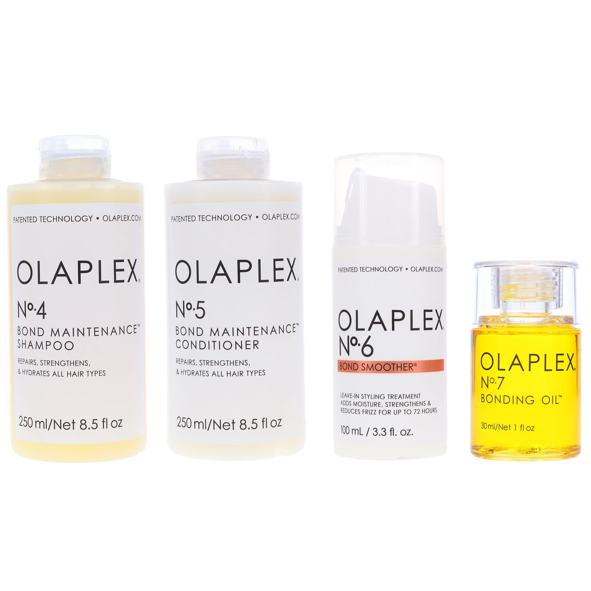 Olaplex No.4 Bond Maintenance Shampoo 8.5 oz, No.5 Bond Maintenance Conditioner 8.5 oz, No.6 Bond Smoother Reparative Styling Creme 3.3 oz & No.7 Bonding Oil 1 oz- BUNDLE COMBO Pack