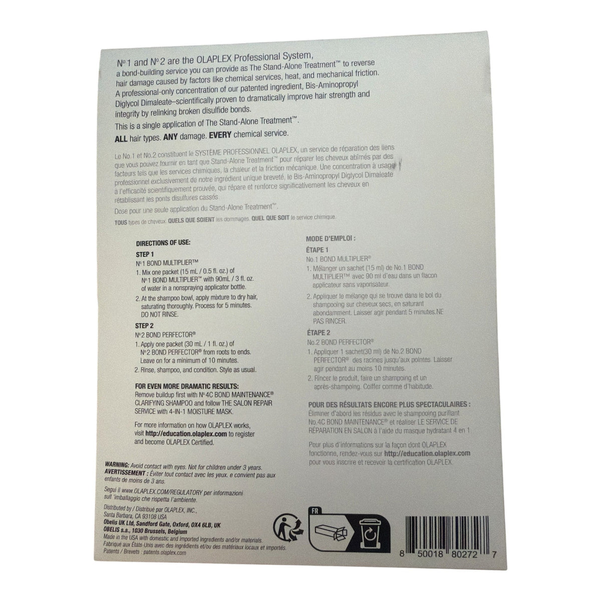 Olaplex Stand-Alone Treatment single-use packette, back with directions